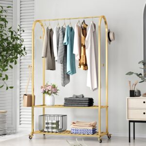 gold clothing rack on wheels modern display rack with 2-tier shelf metal hanging rack gold clothes rack for boutique, retail or home (gold)