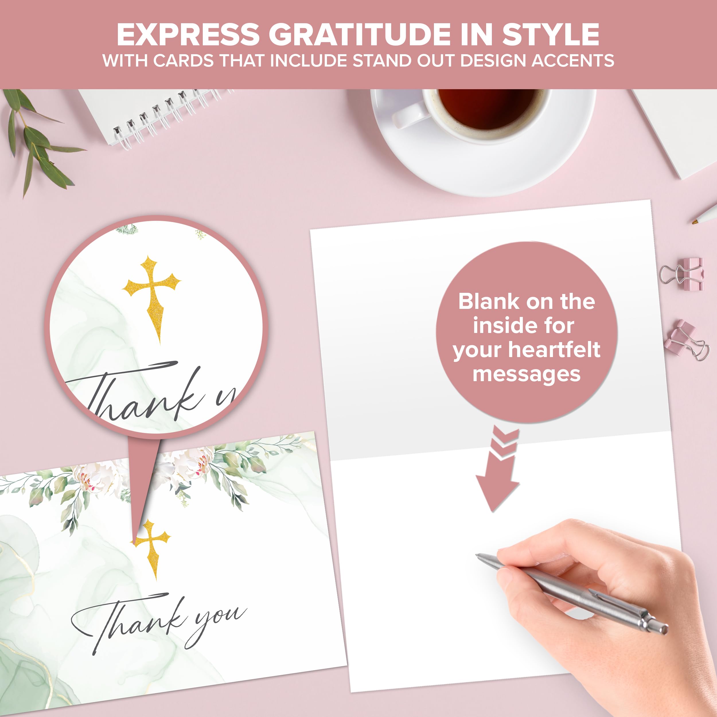 Decorably Thank You Cards with Envelopes & Stickers, Baptism Cards - 24 Pack Baptism Thank You Cards, Blank Inside Religious Thank You Cards Baptism, 6x4in Christian Thank You Cards with Envelopes