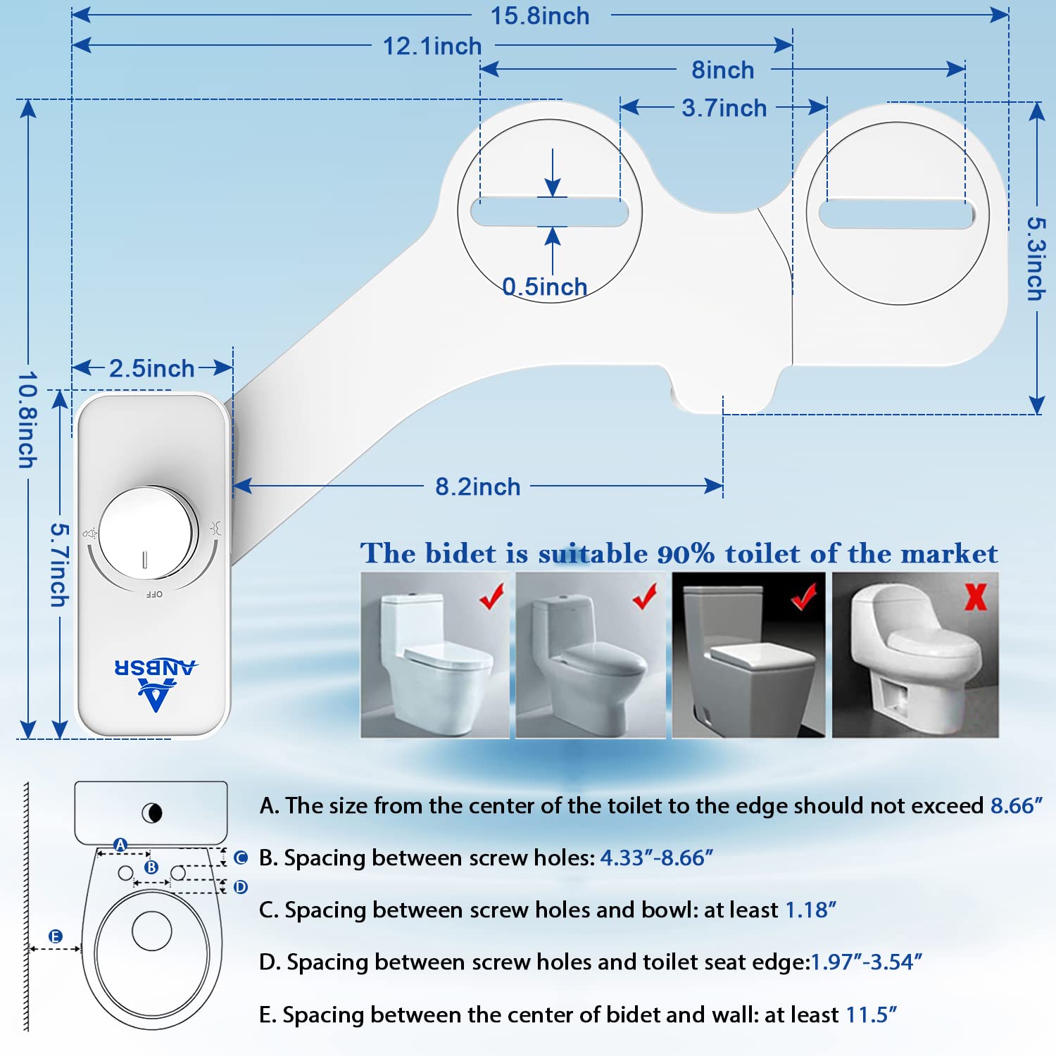 Bidet Attachment for Toilet, ANBSR Ultra-Slim Bidet Attachment Dual Nozzle (Frontal Rear/Feminine Wash) Fresh Cold Water Non-Electric Bidet Toilet Seat Attachment Adjustable Water Pressure