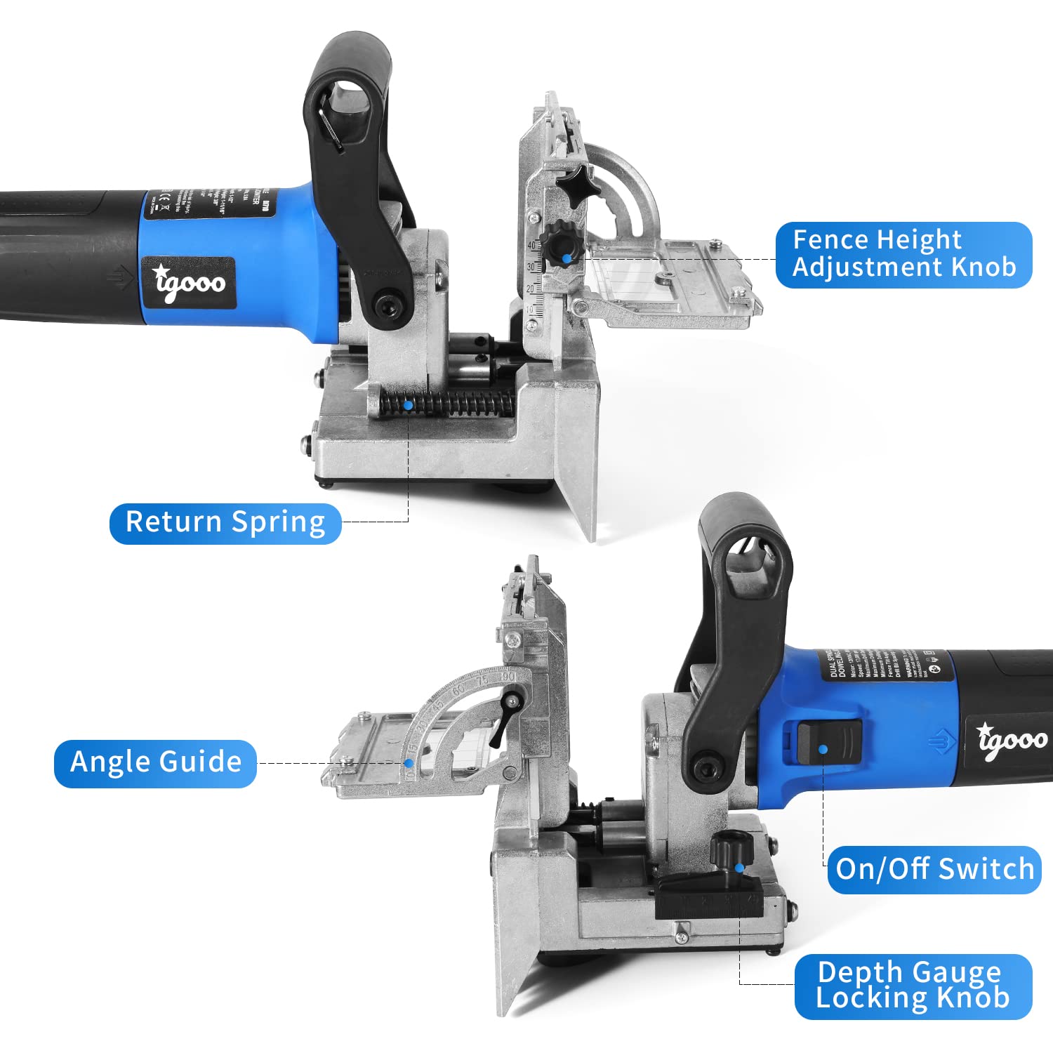 igooo Dual-Spindle Doweling Jointer DJ710, 710W 120V 60Hz, Wood Plate Dowel Joiner, 2X8mm and 2X6mm Drilling Bits, 80 Dowels