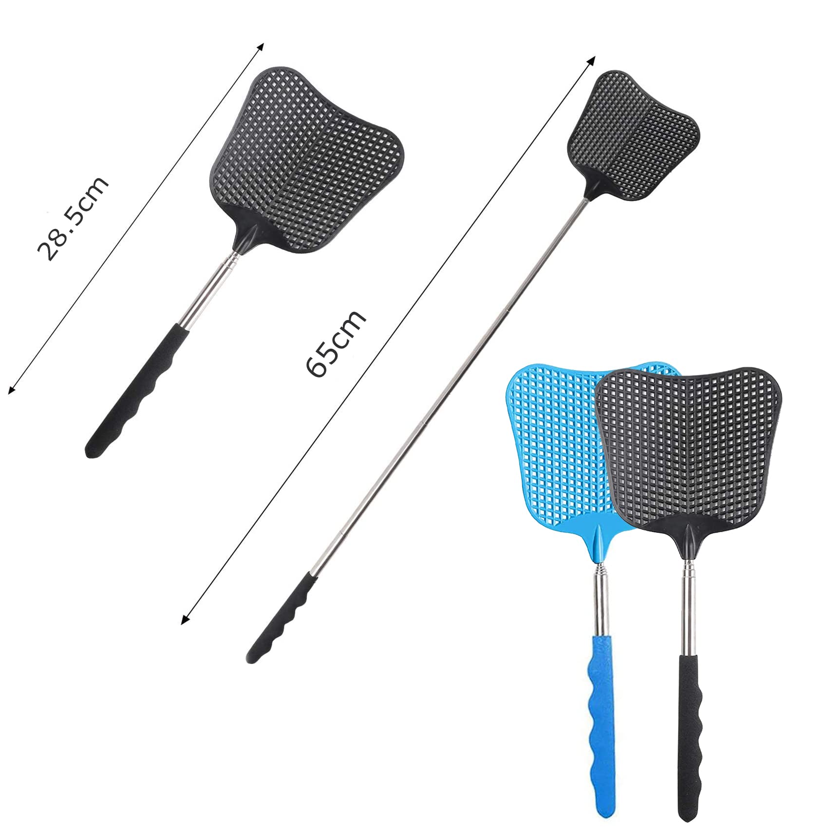 EasyULT 2 Pieces Fly Swatter, Extendable Fly Swatter Lightweight Manual Swat Pest Control, Adjustable Length 26 to 75 cm, Adjustable Stainless Steel Telescopic Handle(Blue + Black)