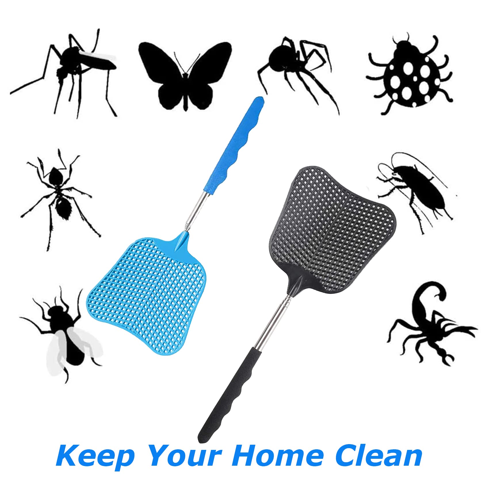 EasyULT 2 Pieces Fly Swatter, Extendable Fly Swatter Lightweight Manual Swat Pest Control, Adjustable Length 26 to 75 cm, Adjustable Stainless Steel Telescopic Handle(Blue + Black)