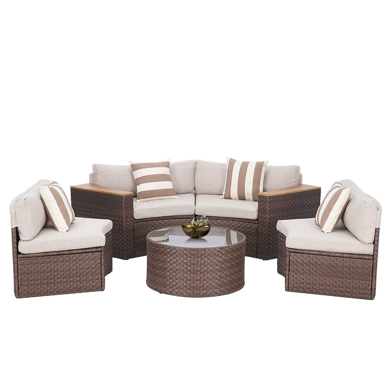 SUNCROWN Outdoor Round Sofa 5-Piece Patio Half-Moon Sectional Sets All Weather Wicker Conversation Furniture with Round Table and Thick Cushion (Light Brown)