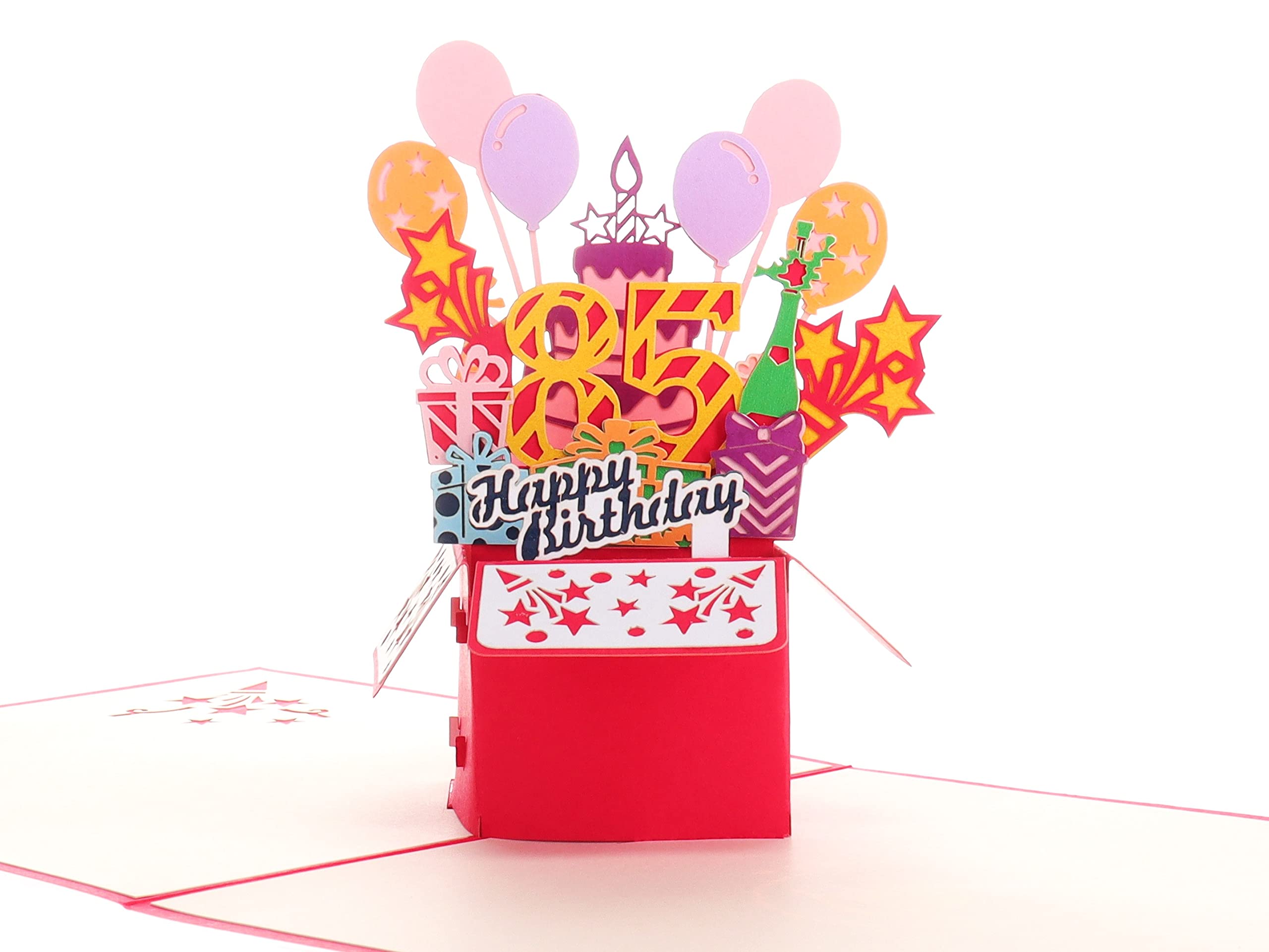 iGifts And Cards Happy 85th Birthday Red Party Box 3D Pop Up Greeting Card - 85th Birthday Gifts For Women, Men, Awesome Eight-Five Bday Presents, 85 Year Old Celebration, Milestone For Husband, Wife