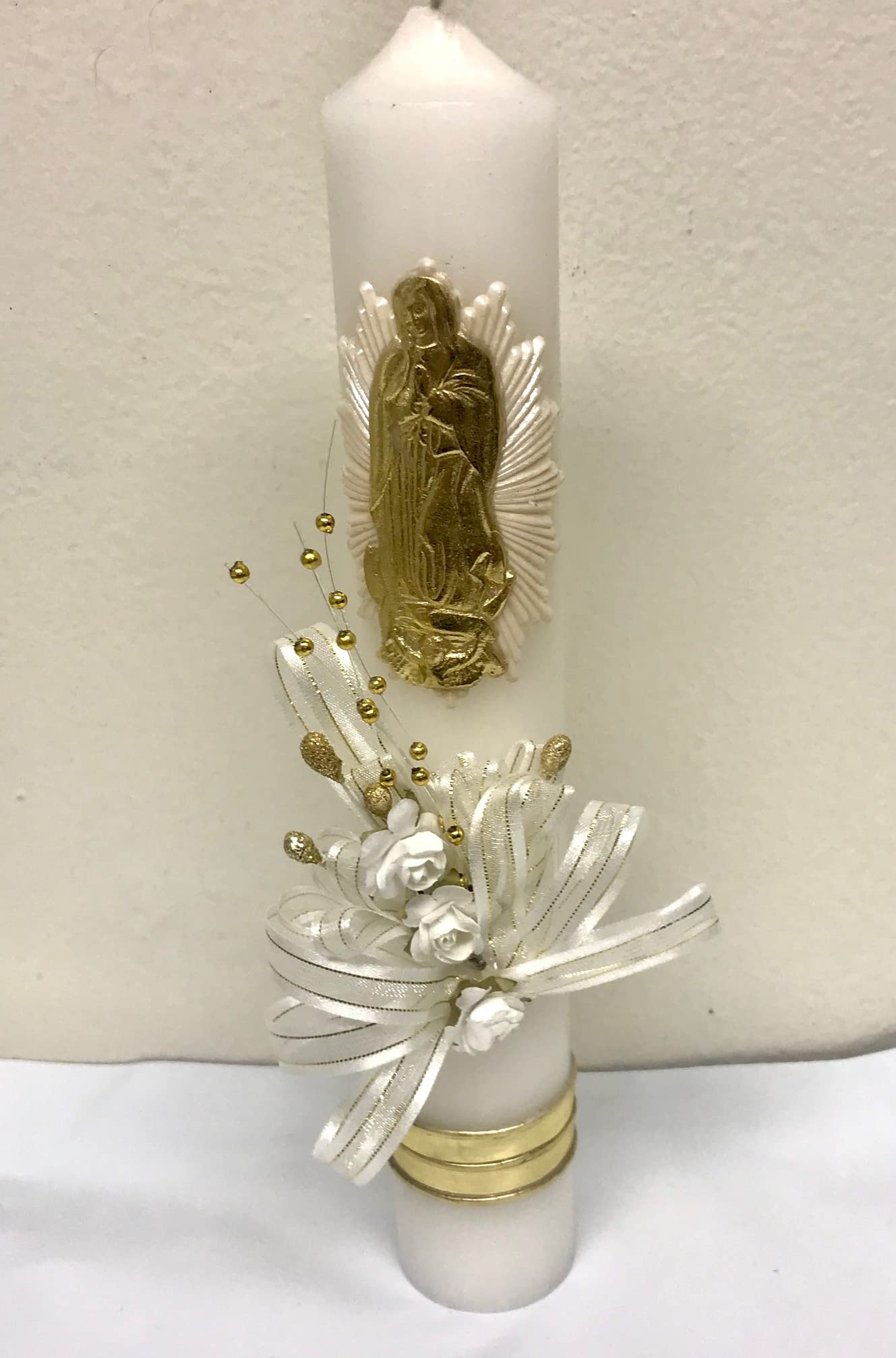 Baptism Candle Our Lady of Guadalupe Crystals Cross lace and Ribbon Favor,Christening,Blessing Day,Communion Candle,Christening Ceremony Candle (Gold)