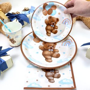 Teddy Bear Baby Shower Decorations Plates Set for 25,Boho Paper Plates Cups Napkins Straws for Boy Brown Blue Disposable Tableware Birthday Party Supplies