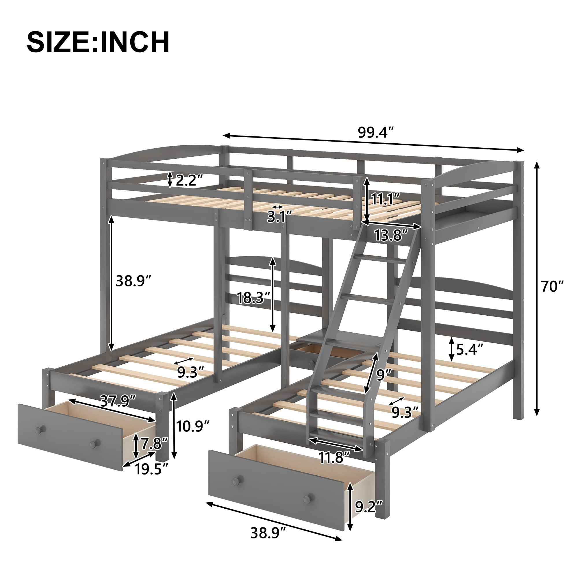 Harper & Bright Designs Triple Bunk Beds with Drawers and Guardrails,Full Over Twin & Twin Bunk Bed with Storage, Wooden Triple Bunk for Kids, Teens,Girls Boys (Gray with Drawers)