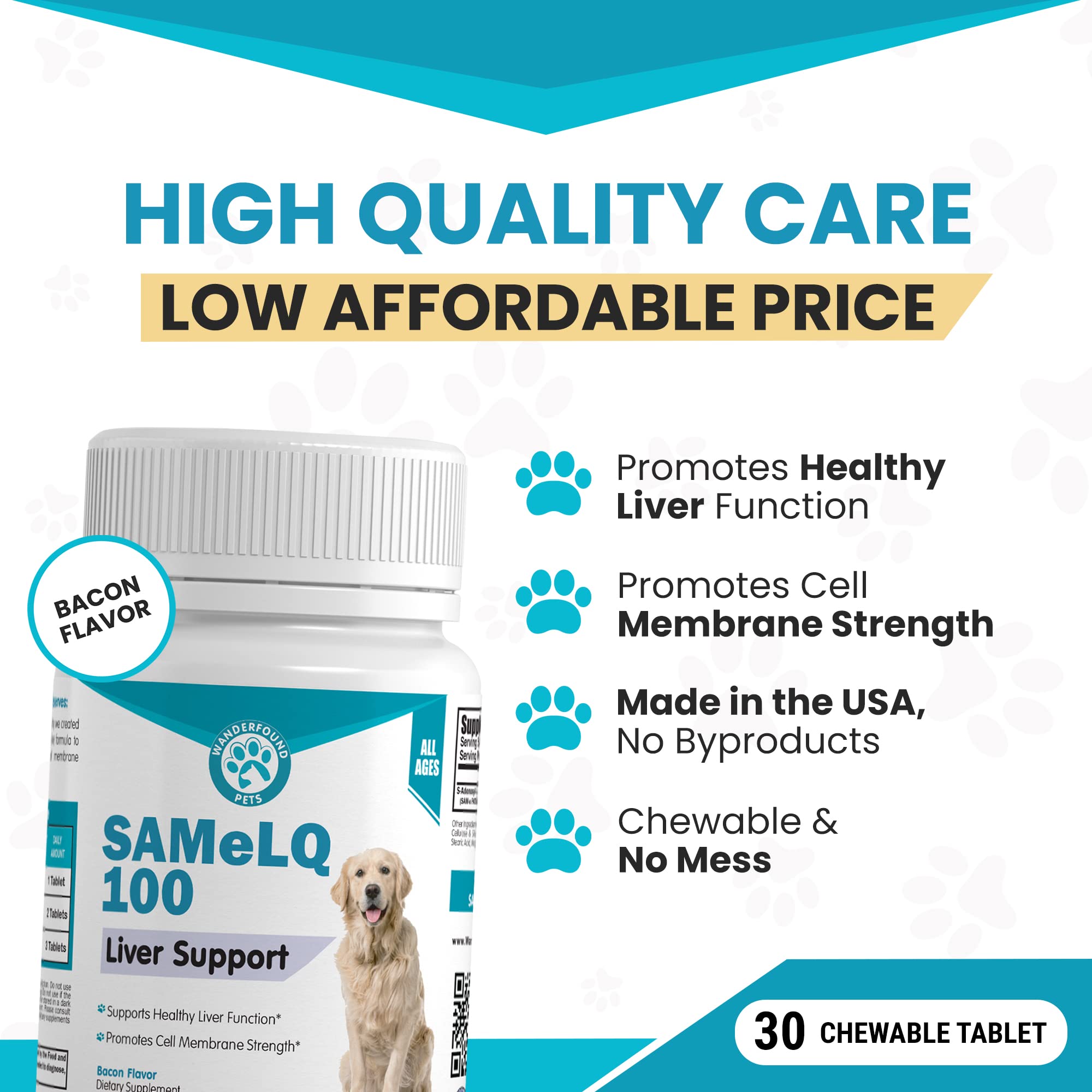 Same 100, Liver Support for Dogs, SAM e Chewable Hepatic Support for Dogs, Promotes Cell Membrane Strength, Bacon Flavor (60 Count)