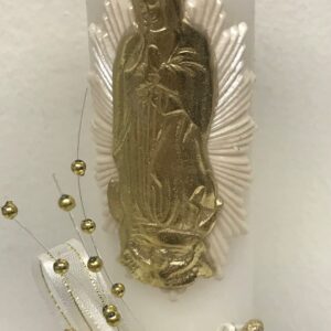 Baptism Candle Our Lady of Guadalupe Crystals Cross lace and Ribbon Favor,Christening,Blessing Day,Communion Candle,Christening Ceremony Candle (Gold)