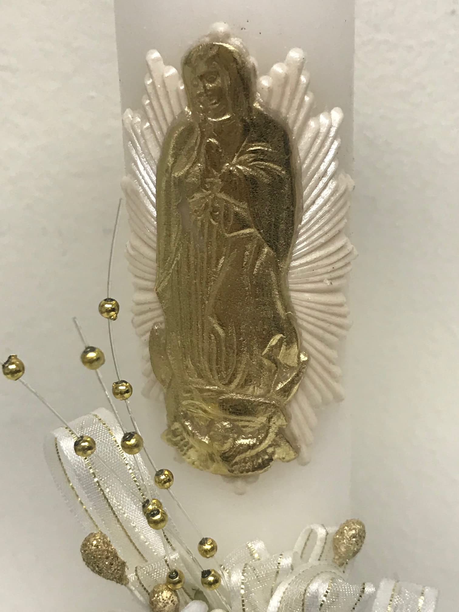 Baptism Candle Our Lady of Guadalupe Crystals Cross lace and Ribbon Favor,Christening,Blessing Day,Communion Candle,Christening Ceremony Candle (Gold)