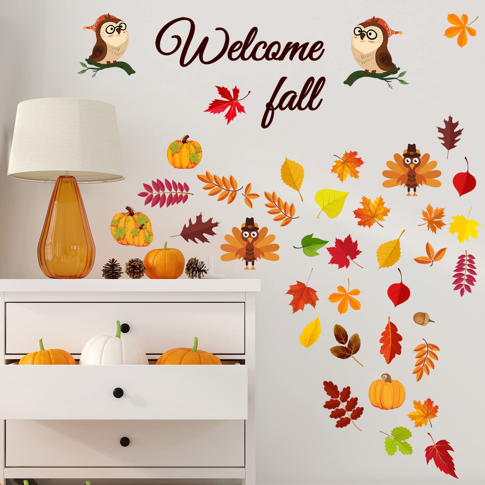 87 Pcs Fall Thanksgiving Wall Decals Maple Leaves Acorns Wall Sticker Autumn Party Supplies Thanksgiving Wall Stickers for Home Office Living Room Classroom Holiday Harvest Wall Decor (Maple Leaf)