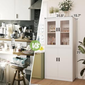 Yizosh Metal Storage Cabinet with Glass Doors - 71" Locking Display Cabinet with 2 Adjustable Shelves, 4-Tier Tall Steel Cabinet Locker for Kitchen, Living Room, Dining Room (White)