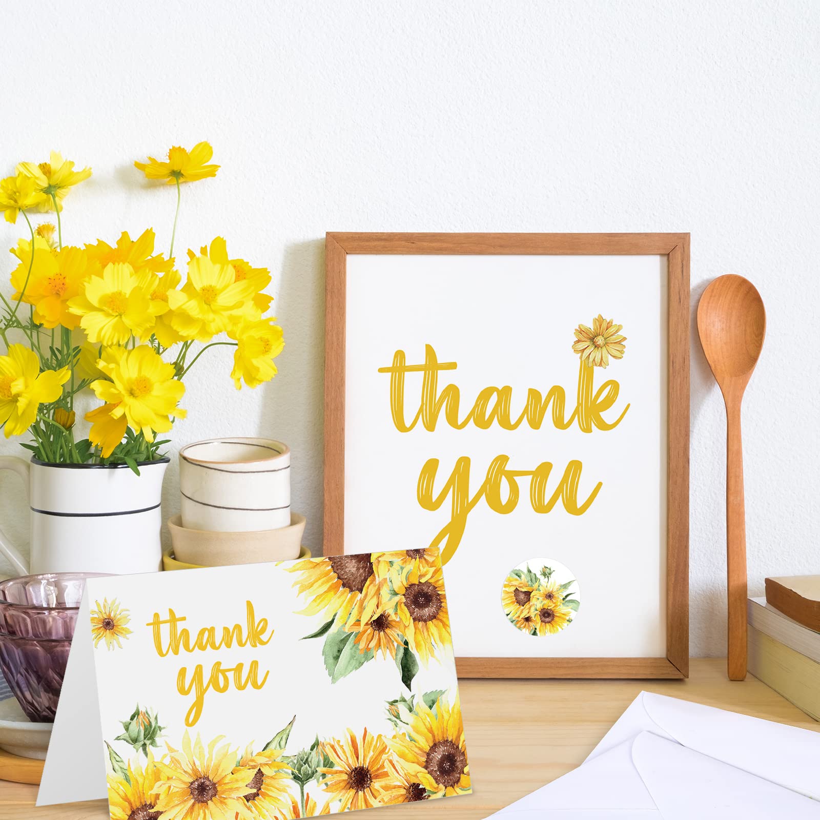 AnyDesign Sunflower Thank You Cards Bulk 36 Pack Thank You Notes with Matching Seal Stickers White Envelopes Watercolor Summer Floral Greeting Cards for Wedding Baby Shower Bridal Birthday Party