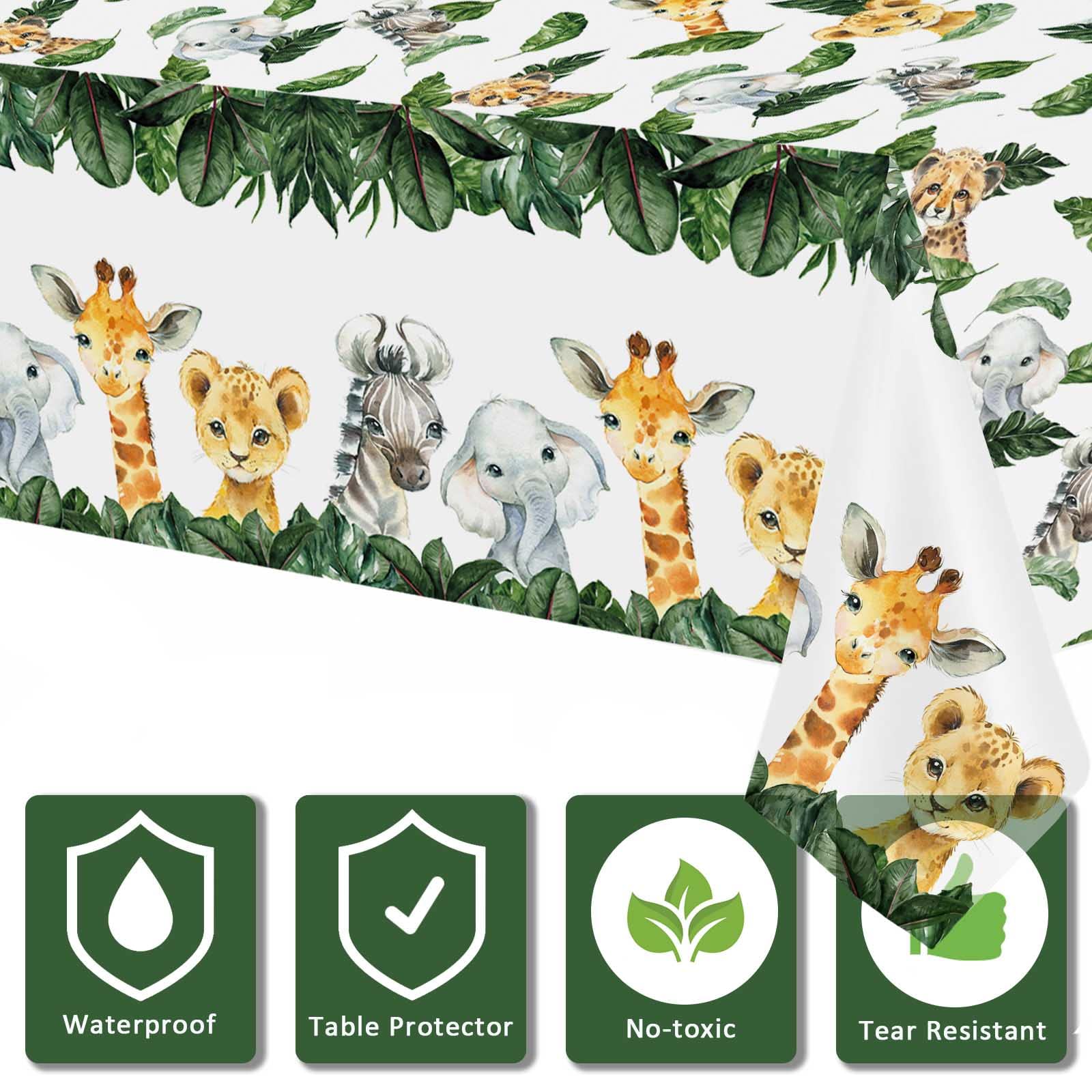 Yuzioey 3 Pack Jungle Safari Tablecloths Wild Animals Table Cover, Safari Baby Shower Decorations, 108" x 54" Wild One Birthday Party Supplies