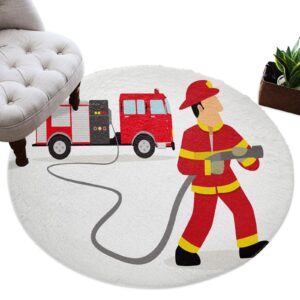 Shag Area Rug, 4ft Indoor Round Area Rugs- Fire Truck and Firefighters Shaggy Carpet Nursery Rug for Kids Baby Bedroom Living Room Home Decor