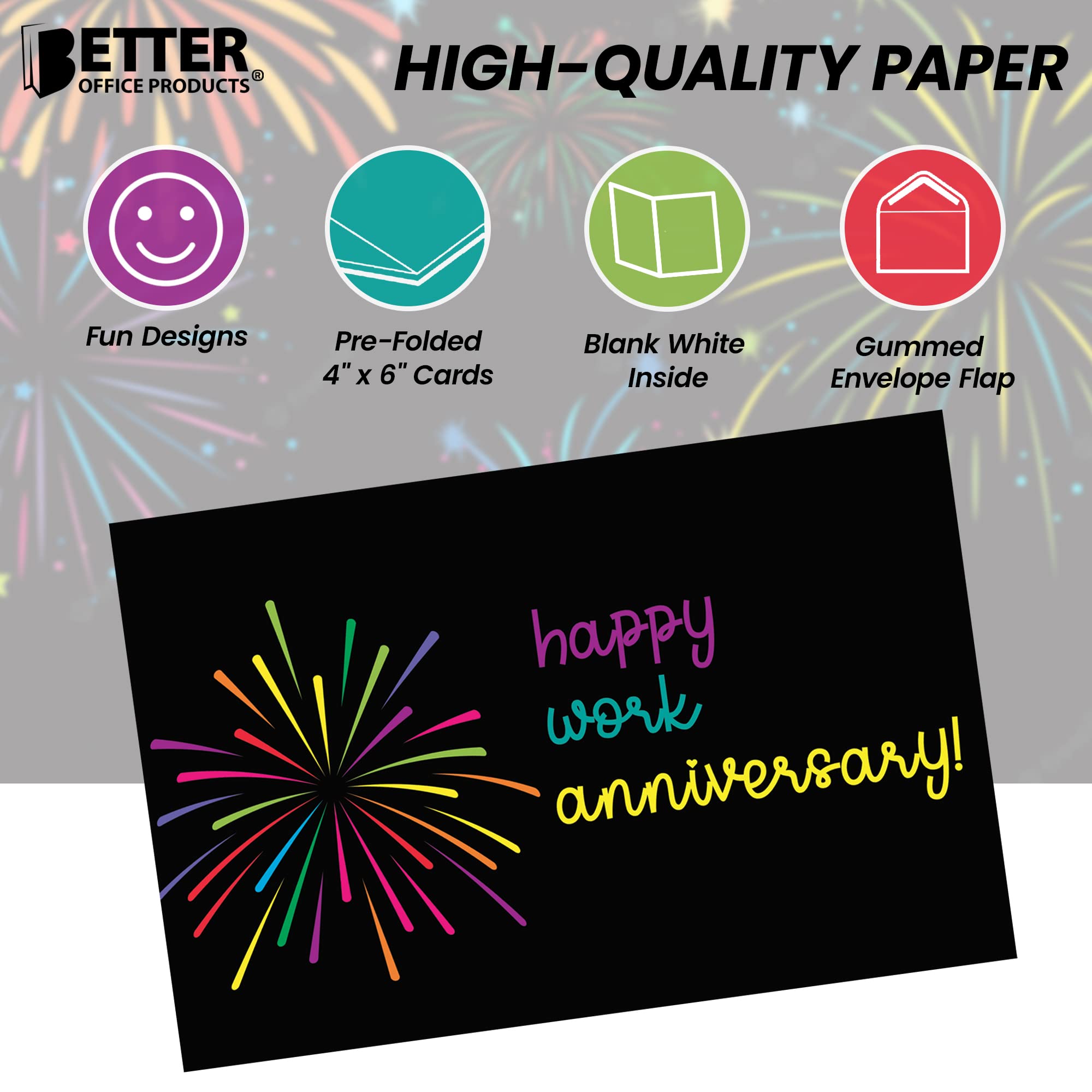 Better Office Products 36 Pack Work Anniversary Cards with Envelopes, Business Employee Appreciation Cards, Bulk Set, 4 x 6 Inch, 6 Fireworks Cover Designs,