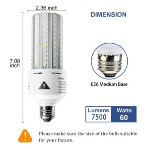 ZP 2 Pack Led Light Bulb 500W Equivalent 7500 Lumen 5000K E26/E27 Medium Base 60W led Bulb for Outdoor Indoor Lamp Area Garage Warehouse Workshop Street Backyard New Upgrade 2 Count