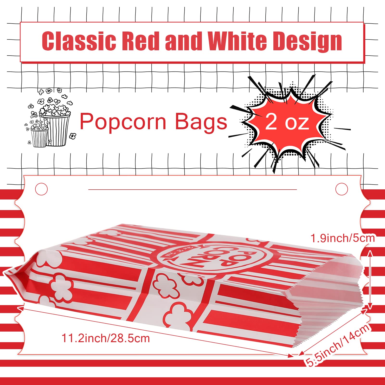 Potchen 300 Pcs Paper Popcorn Bags 2 oz Grease Resistant Individual Servings Tear Holders Red and White Container for Carnival Movie Party Supply, 5.5 x 11.2 Inch