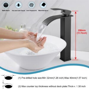 Midanya Waterfall Spout Bathroom Faucet Single Handle 1 Hole Bathroom Sink Faucet,Vessel Sink Faucet Modern Tall Waterfall Faucet for Bathroom Sink Lavatory Vanity one Hole Bowl Tap,Matte Black