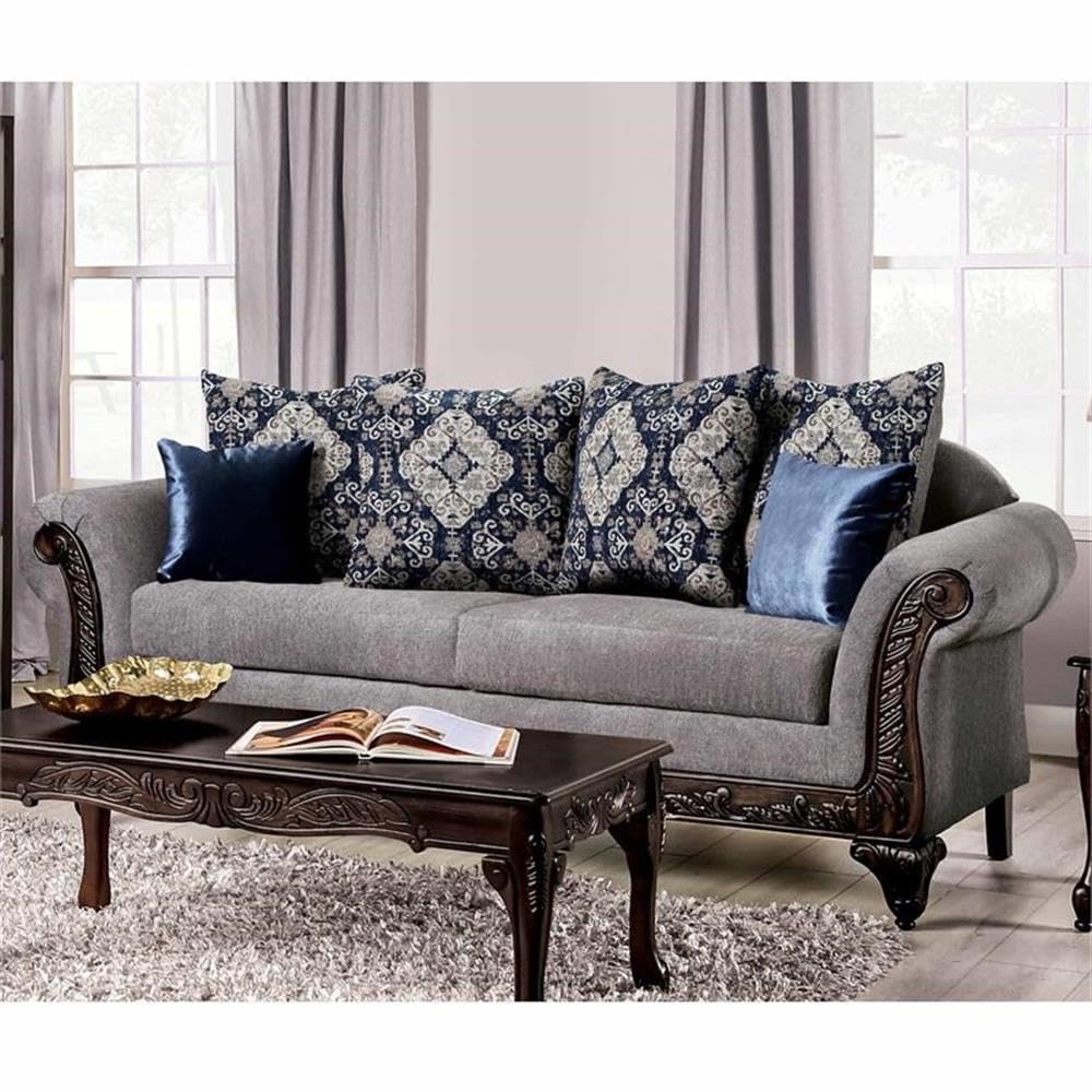 Furniture of America Lantz Traditional Chenille Upholstered Sofa in Gray