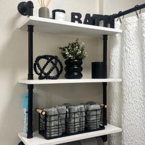 ROGMARS Industrial Pipe Shelving Bathroom Pipe Shelves with Towel Bar,3 Tier 24 inch Retro White Rustic Farmhouse Pipe Industrial Wall Shelves Bathroom Shelves Over Toilet for Storage