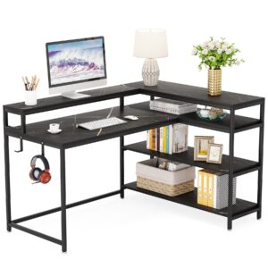 Tribesigns 53 Inch Reversible L Shaped Desk with Storage Shelf, Modern Black Marble Corner Desk with Shelves and Monitor Stand, Gaming Desk for Home Office （53" D x 41" W）