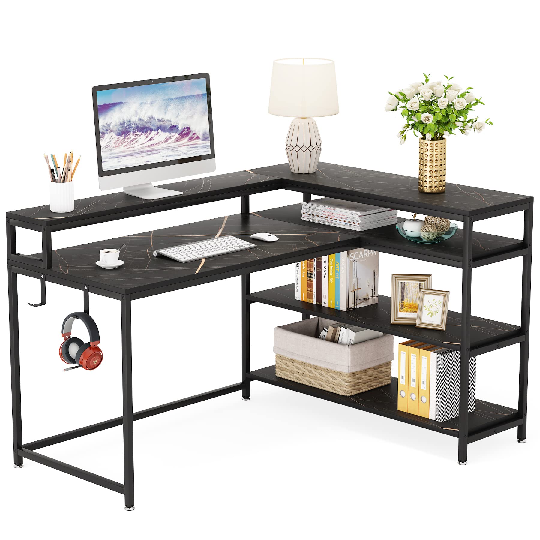 Tribesigns 53 Inch Reversible L Shaped Desk with Storage Shelf, Modern Black Marble Corner Desk with Shelves and Monitor Stand, Gaming Desk for Home Office （53" D x 41" W）