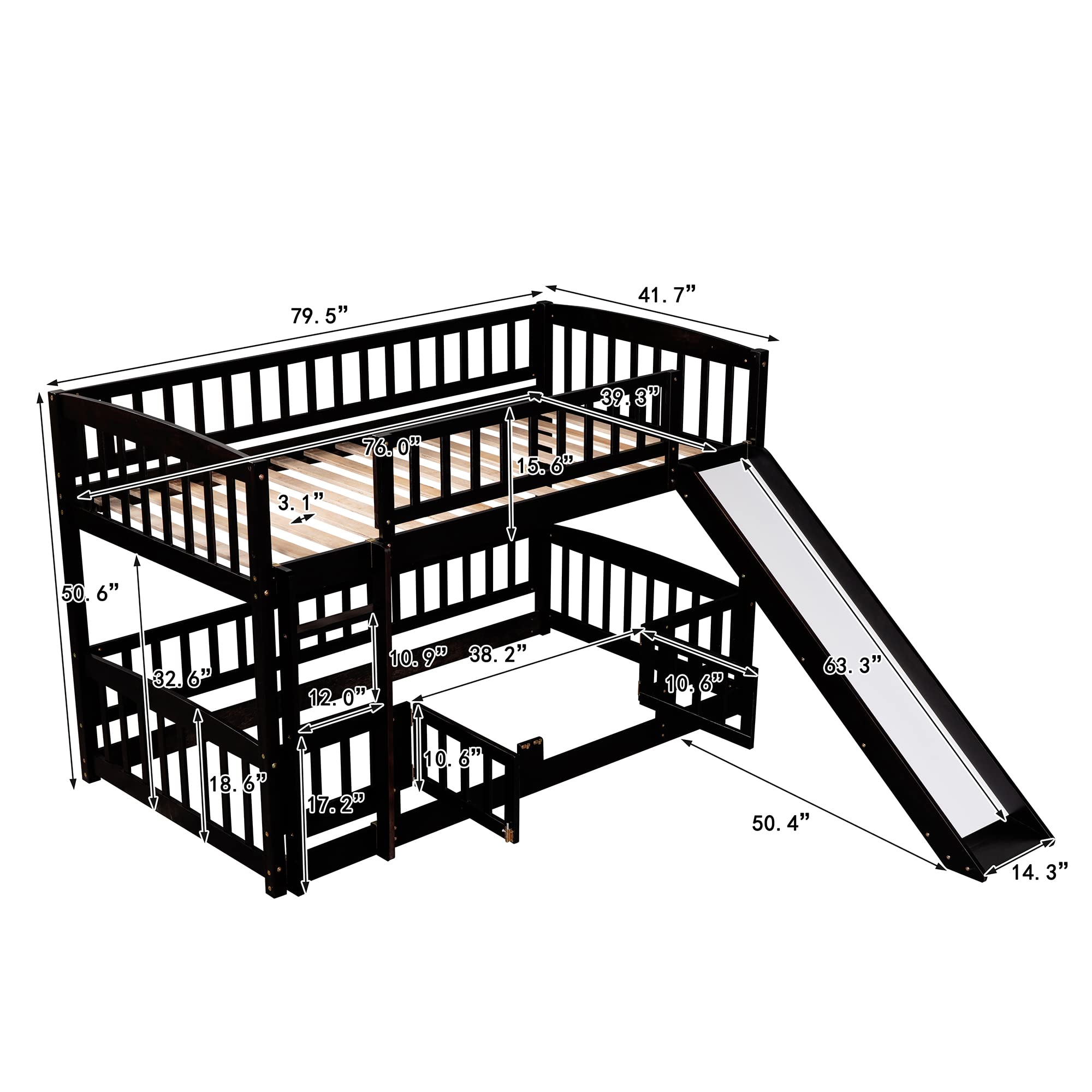 Harper & Bright Designs Low Bunk Beds Twin Over Twin, Kids Bunk Bed with Slide, Fence and Ladder, Wood Toddler Bunk Beds for Girls Boys, Espresso