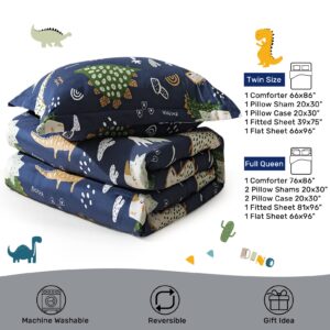 HollyHOME 7 Pieces Teens Comforter Set Dinosaur Pattern Bed in A Bag Bedding Set for Boys, Blue, Full/Queen