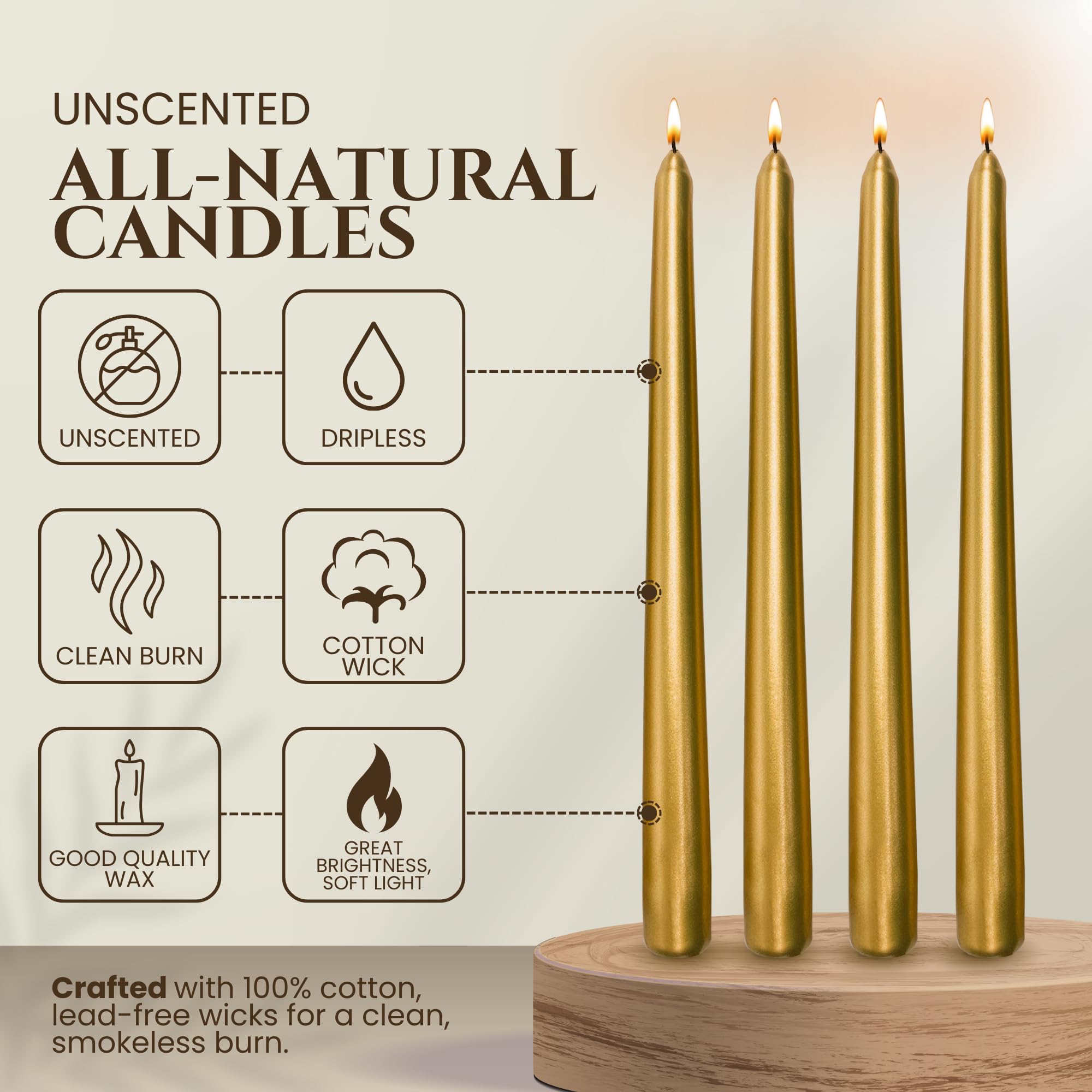 Axiom 10 Count Gold Taper Candles - 10 Inch Dripless - Unscented Smokeless Tall Candle Sticks - 9 Hour Burn Time - Tapered Candles for Home, Centerpieces, Dinners, Weddings, Parties, Celebration