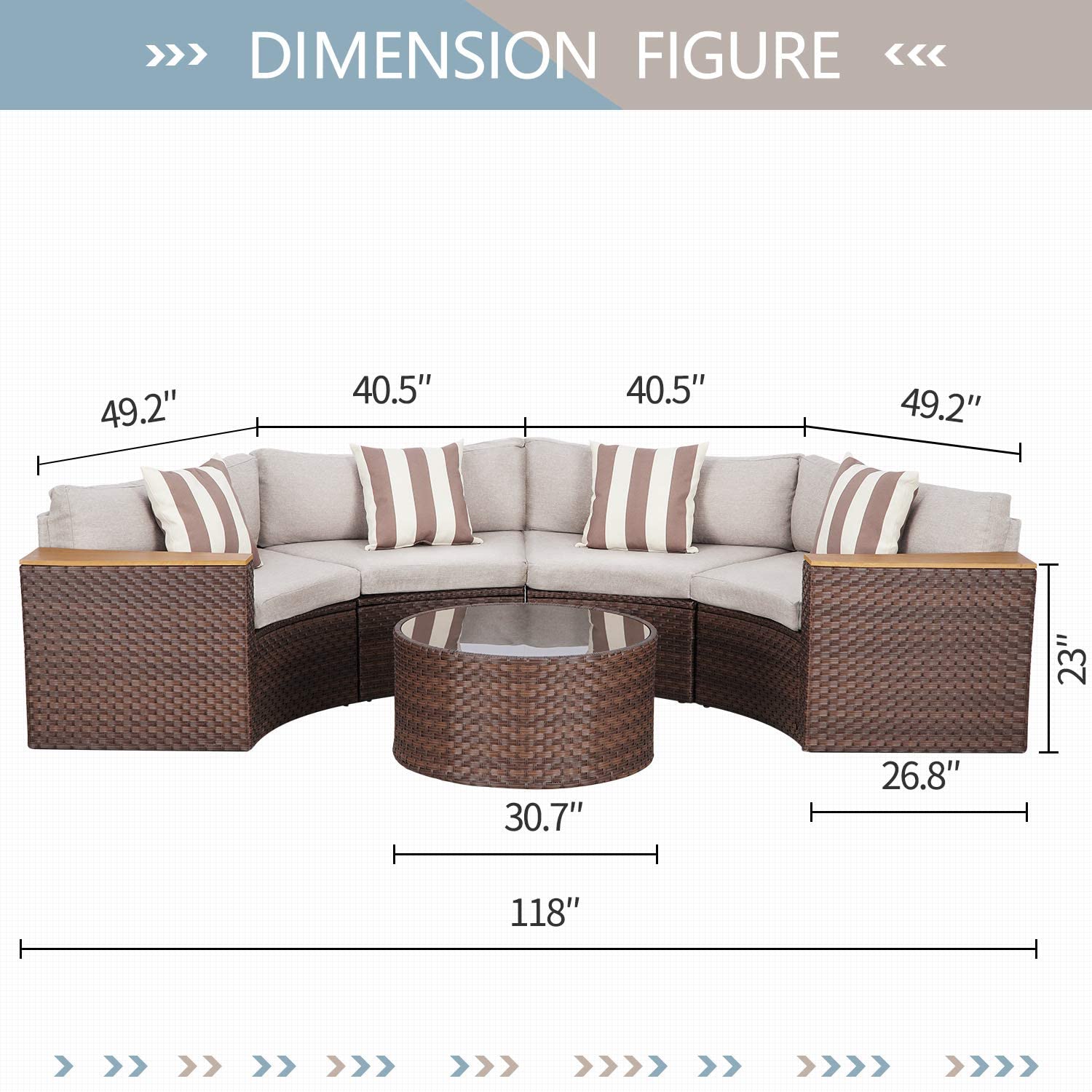 SUNCROWN Outdoor Round Sofa 5-Piece Patio Half-Moon Sectional Sets All Weather Wicker Conversation Furniture with Round Table and Thick Cushion (Light Brown)