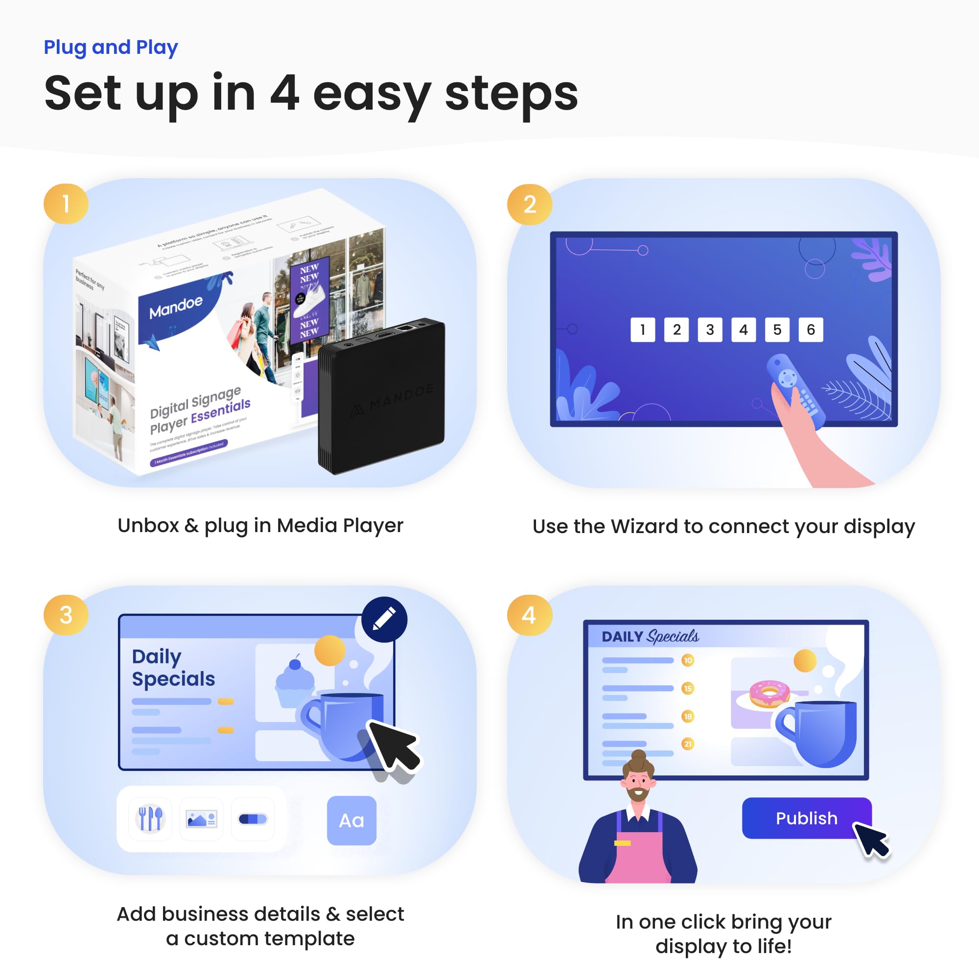 Mandoe Essentials Digital Signage Displays - Digital Signage Player for Digital Menu Board. World-Class Templates. Subscription required. Monitor not included.