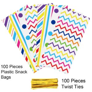 Aneco 100 Pack Rainbow Cellophane Bags Plastic Candy Bags Gift Bags Goodie Bags with Twist Ties for Valentine, Birthday, Gift Cookie Snack Packing Party Favor Supplies