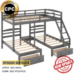 Harper & Bright Designs Triple Bunk Beds with Drawers and Guardrails,Full Over Twin & Twin Bunk Bed with Storage, Wooden Triple Bunk for Kids, Teens,Girls Boys (Gray with Drawers)