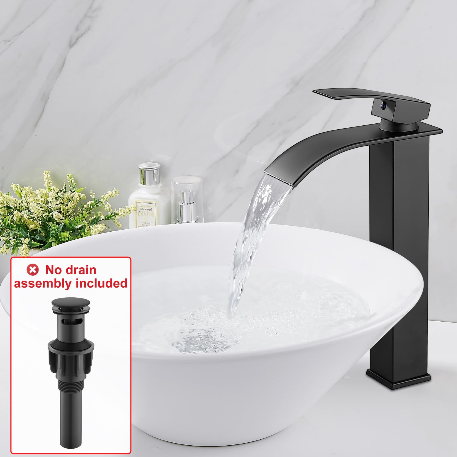 Midanya Waterfall Spout Bathroom Faucet Single Handle 1 Hole Bathroom Sink Faucet,Vessel Sink Faucet Modern Tall Waterfall Faucet for Bathroom Sink Lavatory Vanity one Hole Bowl Tap,Matte Black