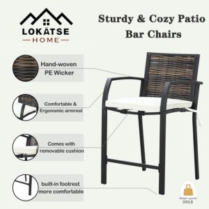 LOKATSE HOME Bar Stools Counter Height Chair Set of 8 Patio Furniture with Armrest for Garden Pool Lawn Backyard, Beige