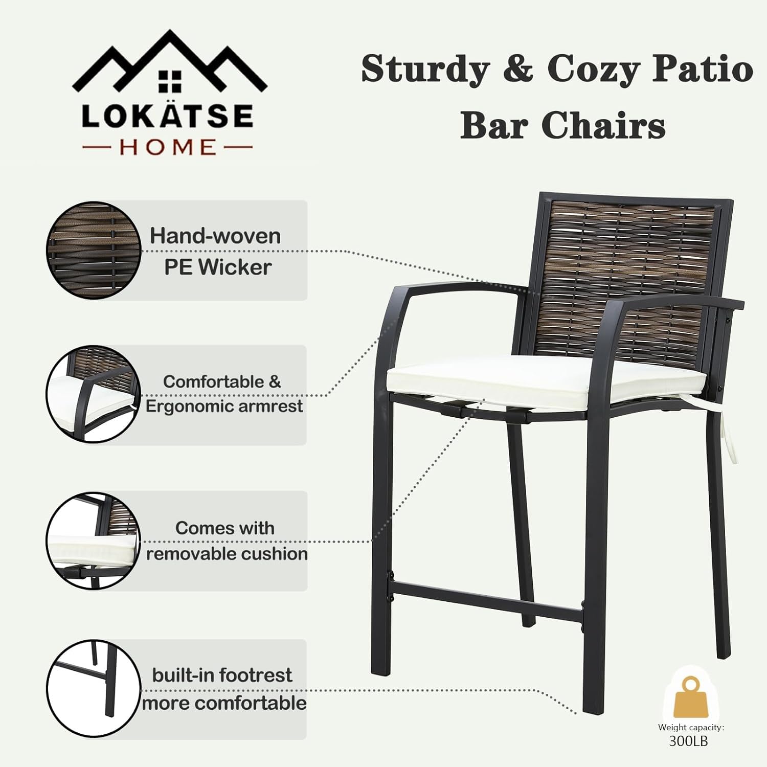 LOKATSE HOME Bar Stools Counter Height Chair Set of 4 Wicker Decoracted Patio Furniture with Armrest for Garden Pool Lawn Backyard