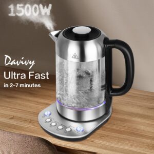 Davivy Smart Electric Kettle with Temperature Control & Tea Infuser - 1500W Quick Boil, Keep Warm Function, Dry-Boil Protection - 1.7L Borosilicate Glass Water Boiler & Tea Maker