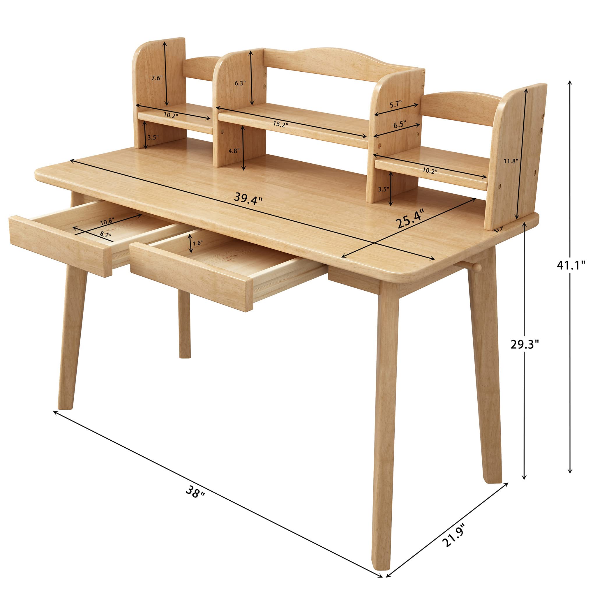 BALANBO Kid's Desk Kid's Table with Drawers and Bookshelf Wooden Kid's Media Desk Student Learning Computer Workstation and Writing Desk (Natural Color