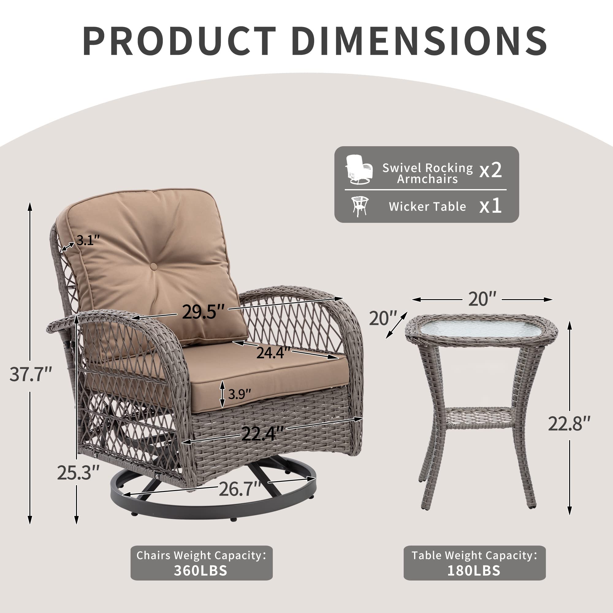 HOMEFUN Outdoor Swivel Rocker Patio Chairs, 3 Pieces Patio Bistro Set Wicker Furniture Set 360 Degree Swivel Chairs with Cushions and Coffee Table