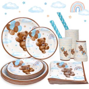 teddy bear baby shower decorations plates set for 25,boho paper plates cups napkins straws for boy brown blue disposable tableware birthday party supplies