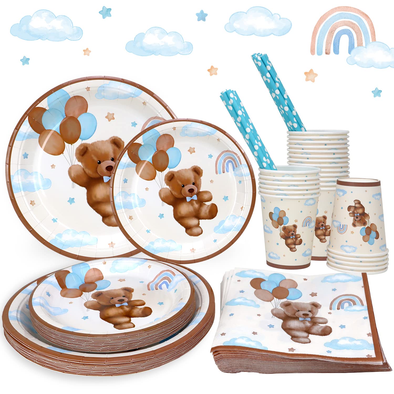 Teddy Bear Baby Shower Decorations Plates Set for 25,Boho Paper Plates Cups Napkins Straws for Boy Brown Blue Disposable Tableware Birthday Party Supplies