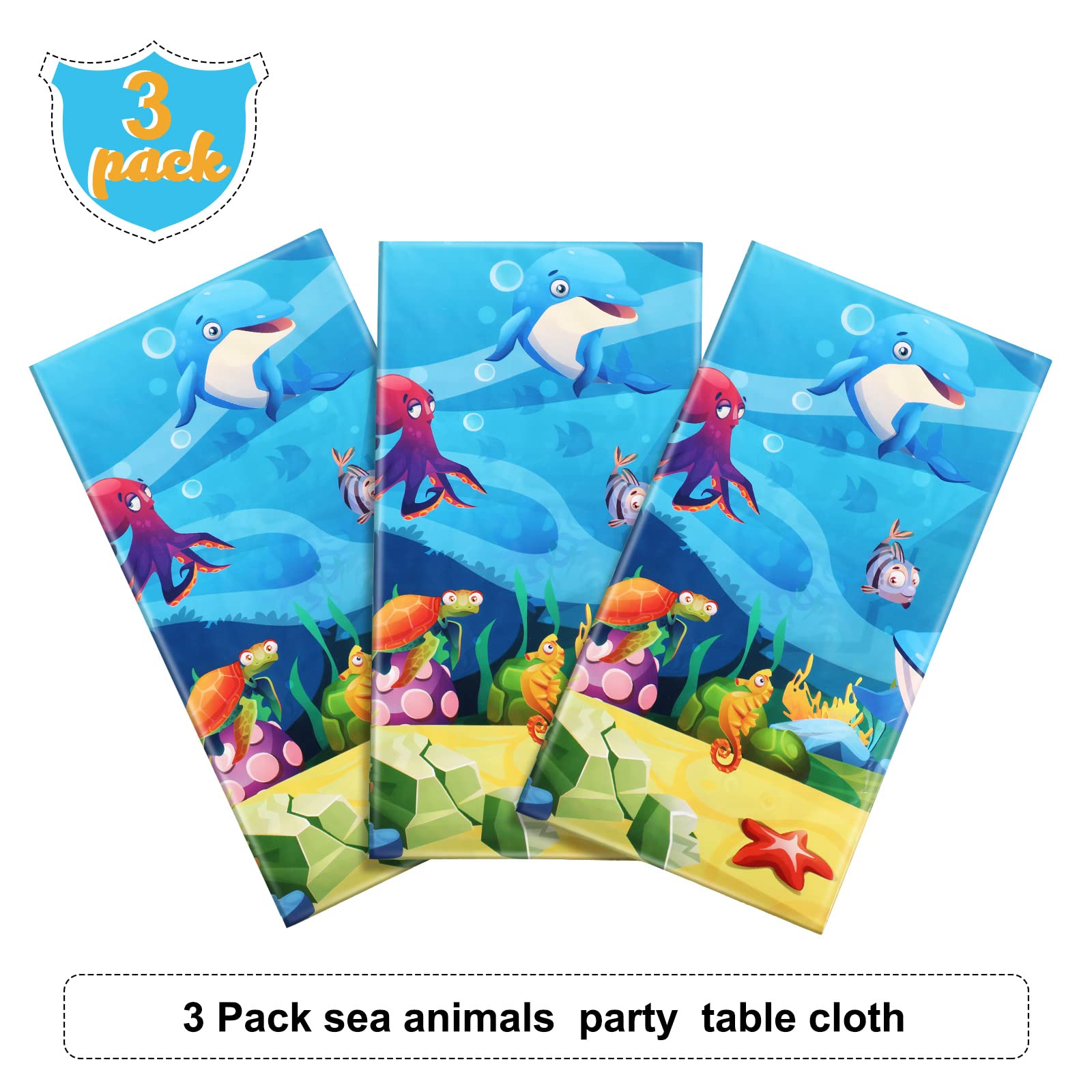 Tiamon 3 Pack Sea Party Tablecloth Ocean Animals Table Cover Underwater Creatures Ocean Sea Life Tablecloth for Kids Ocean Birthday Party Decoration, 54 x 108 Inch