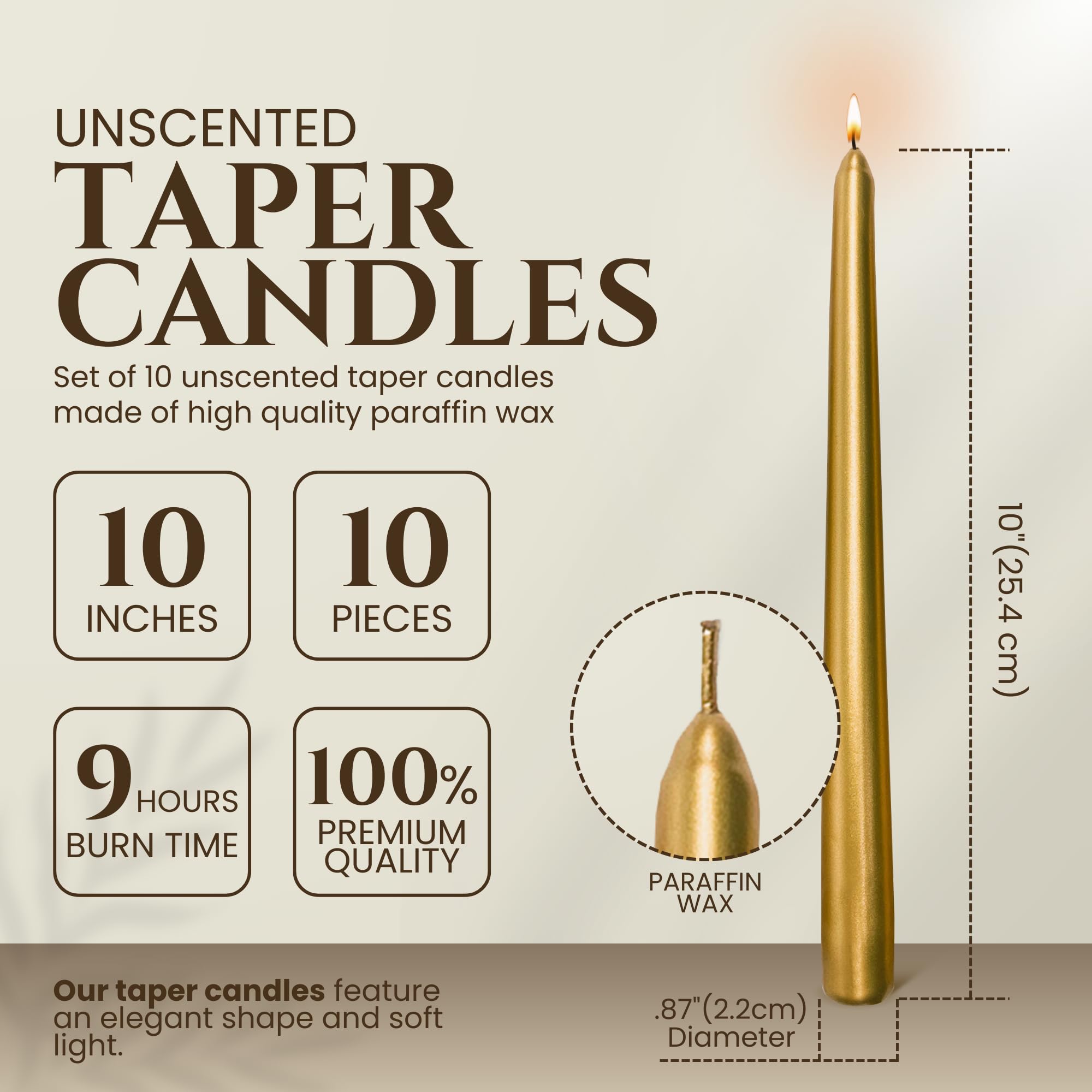 Axiom 10 Count Gold Taper Candles - 10 Inch Dripless - Unscented Smokeless Tall Candle Sticks - 9 Hour Burn Time - Tapered Candles for Home, Centerpieces, Dinners, Weddings, Parties, Celebration