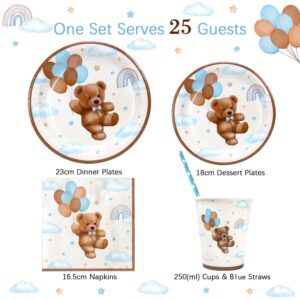 Teddy Bear Baby Shower Decorations Plates Set for 25,Boho Paper Plates Cups Napkins Straws for Boy Brown Blue Disposable Tableware Birthday Party Supplies