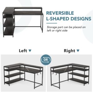 Tribesigns 53 Inch Reversible L Shaped Desk with Storage Shelf, Modern Black Marble Corner Desk with Shelves and Monitor Stand, Gaming Desk for Home Office （53" D x 41" W）