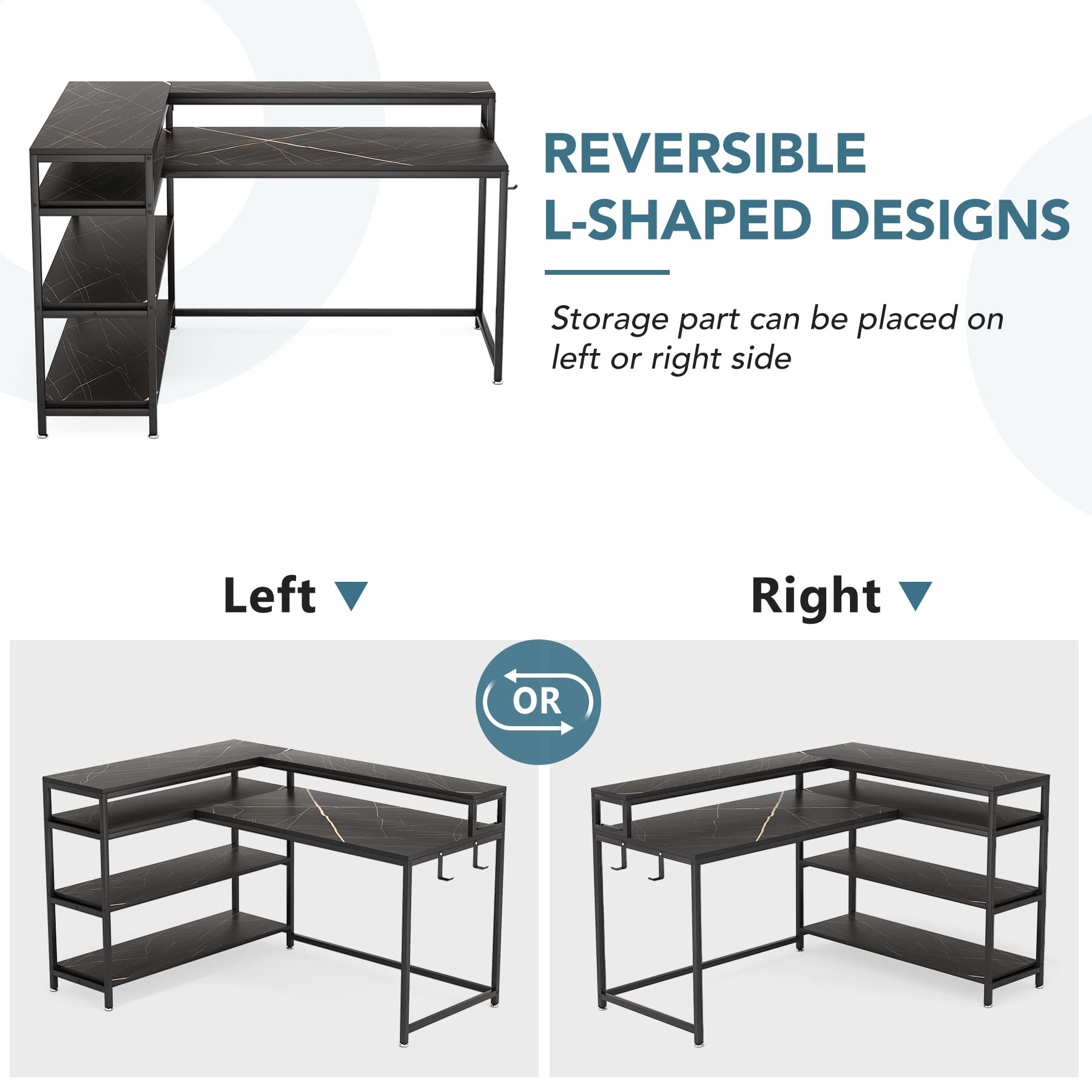 Tribesigns 53 Inch Reversible L Shaped Desk with Storage Shelf, Modern Black Marble Corner Desk with Shelves and Monitor Stand, Gaming Desk for Home Office （53" D x 41" W）