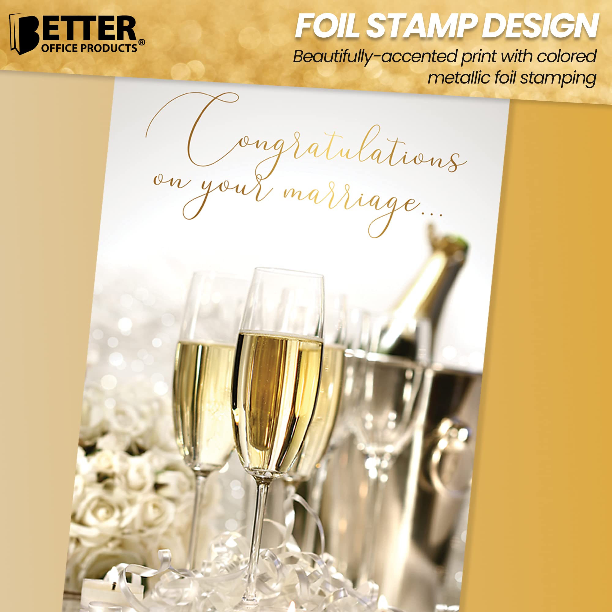 Better Office Products Wedding Congratulations Card with Metallic Gold Foil and Gold Shimmer Envelope, Classic 5 x 7 Inch Size, Heavy Cardstock, High Gloss Finish