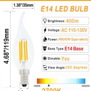 Lamsky E14 LED Bulb European Base 4W LED Chandelier Light Bulbs Dimmable 40W Equivalent,Flame Tip Candelabra LED Bulbs,110V 2700K Warm White,6 Pack