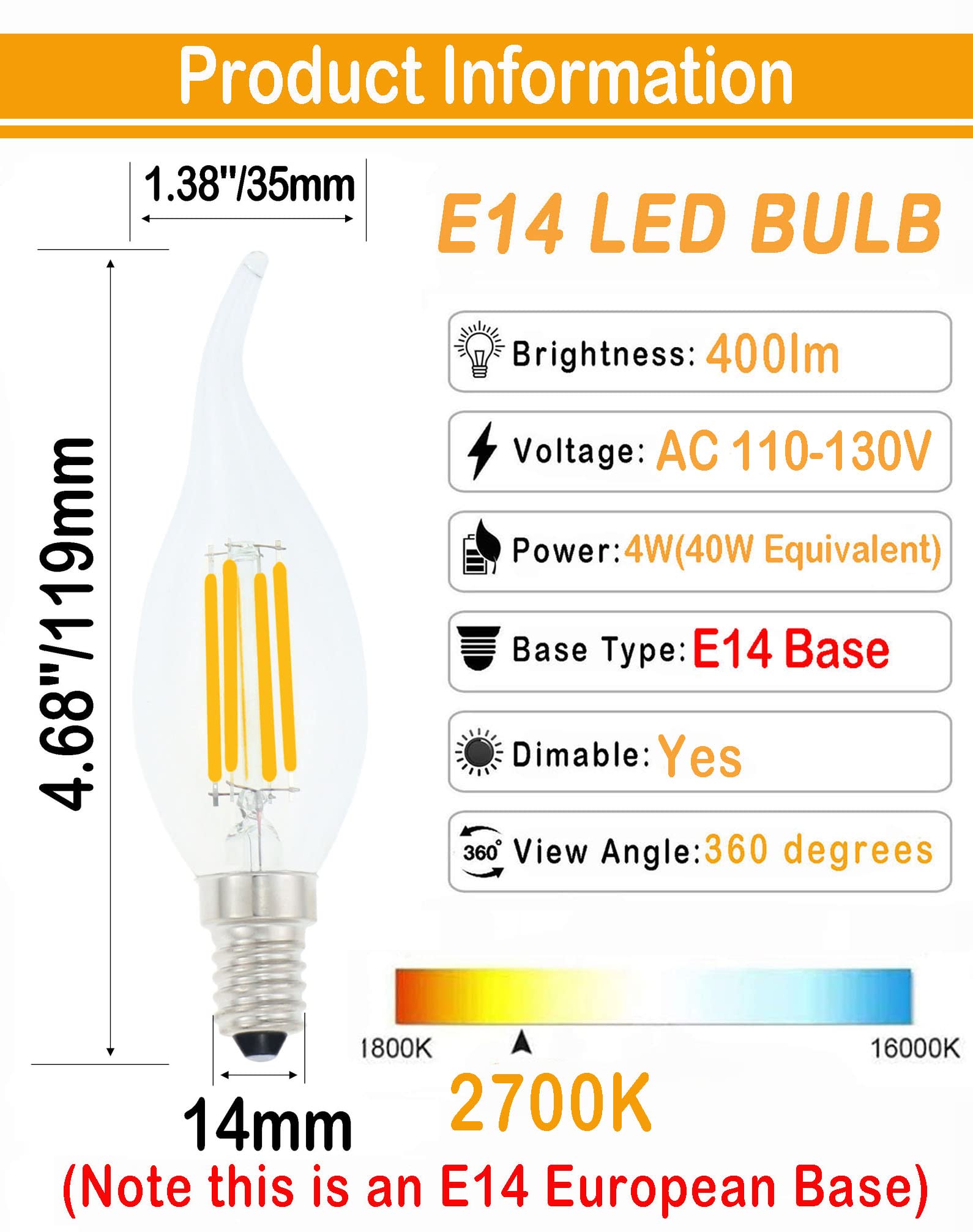 Lamsky E14 LED Bulb European Base 4W LED Chandelier Light Bulbs Dimmable 40W Equivalent,Flame Tip Candelabra LED Bulbs,110V 2700K Warm White,6 Pack